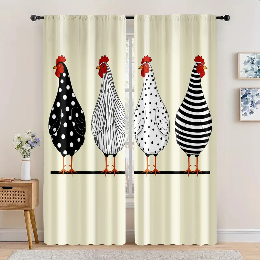 Cute Chicken Design Curtain Pair 2pcs Beige Spotty Farmhouse Curtains Window Treatment Funny Poultry Print Cottagecore Living Ro