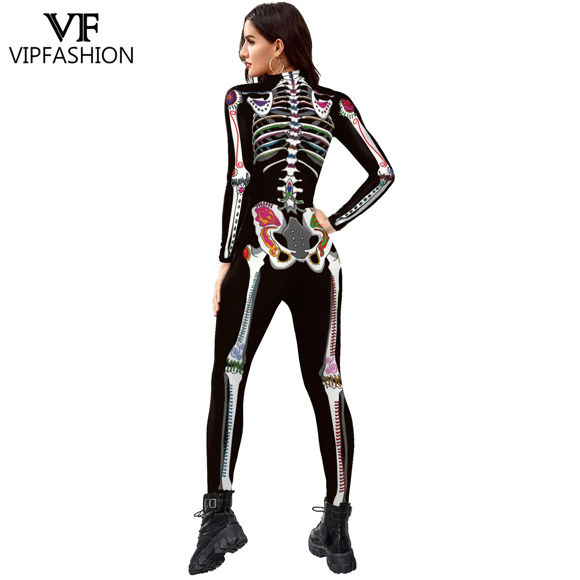 VIP FASHION Halloween Cosplay Costumes For Women Scary Skeleton Print Carnival Catsuit Zentai Bodysuit Fancy Jumpsuits