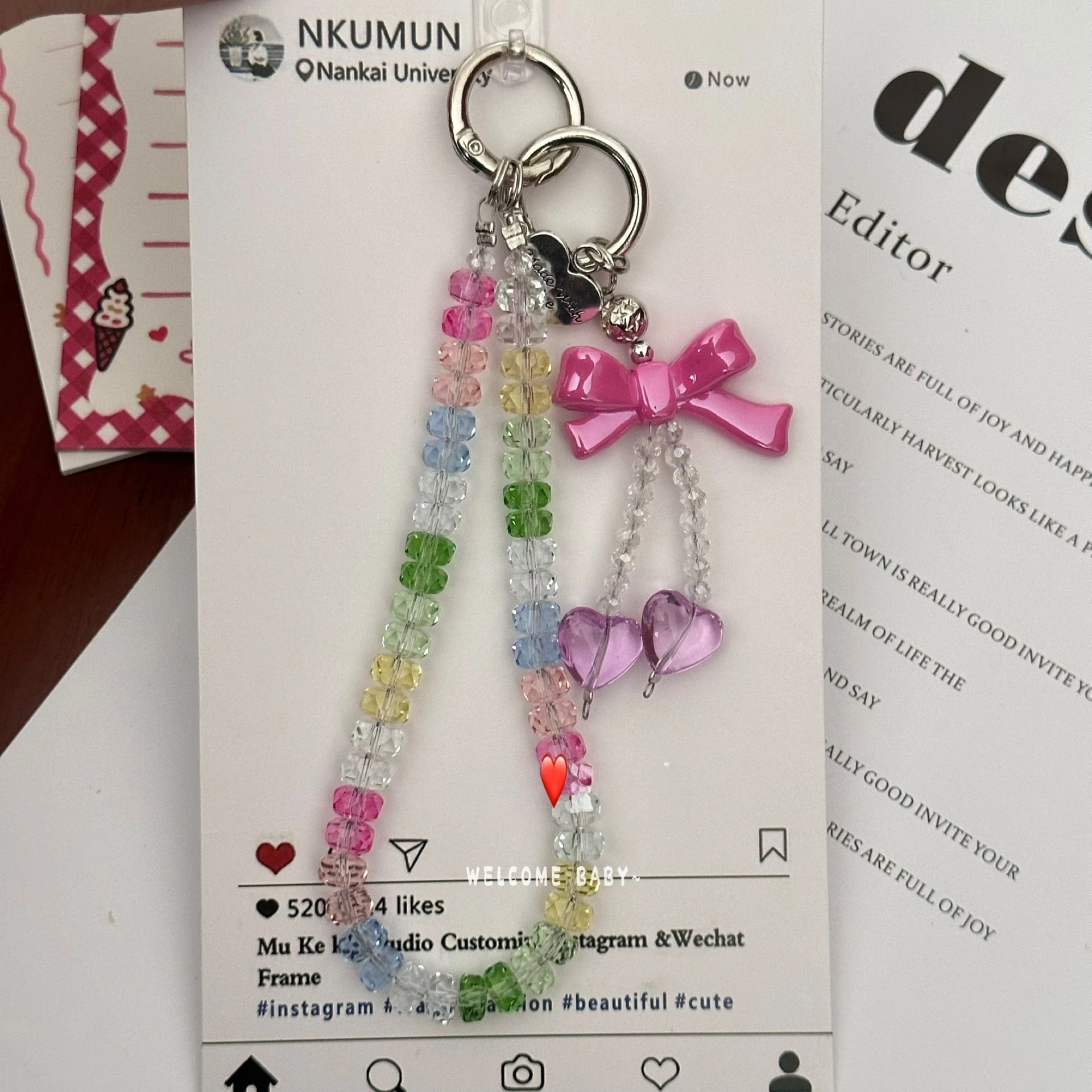 

Bow Love Colorful Gradient Short Phone Lanyard Luxury Crystal Lanyard Pendant Mobile Phone Accessory Wristband Decoration Chain