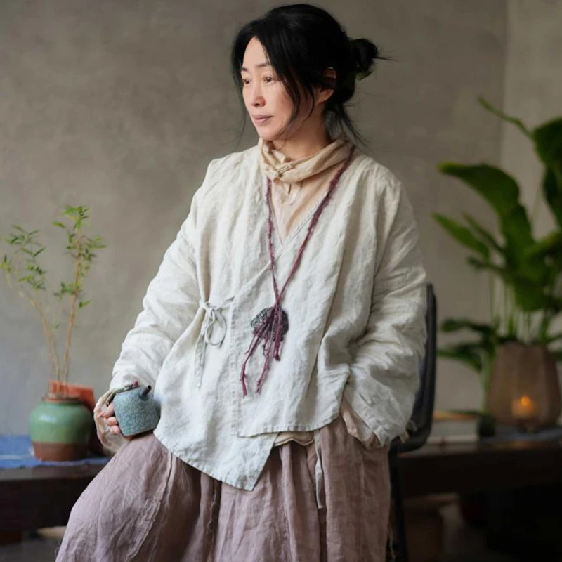 

Chinese Style Women Long Sleeve Linen Shirt New 2026 Spring Vintage V-neck Solid Color Loose Female Casual Tops Shirts M2504