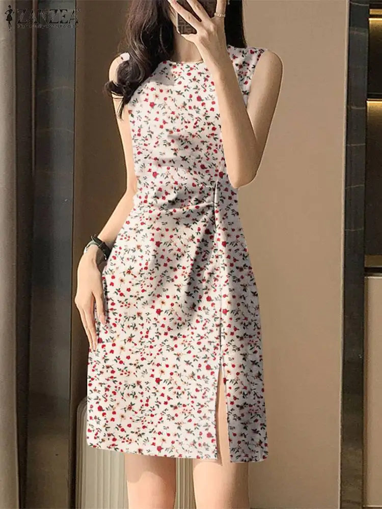 ZANZEA Fashion Sleeveless Tank Sundress 2024 Summer Floral Printed Mini Dress Women Slit Sexy Robe Holiday Waisted Pleats Dress