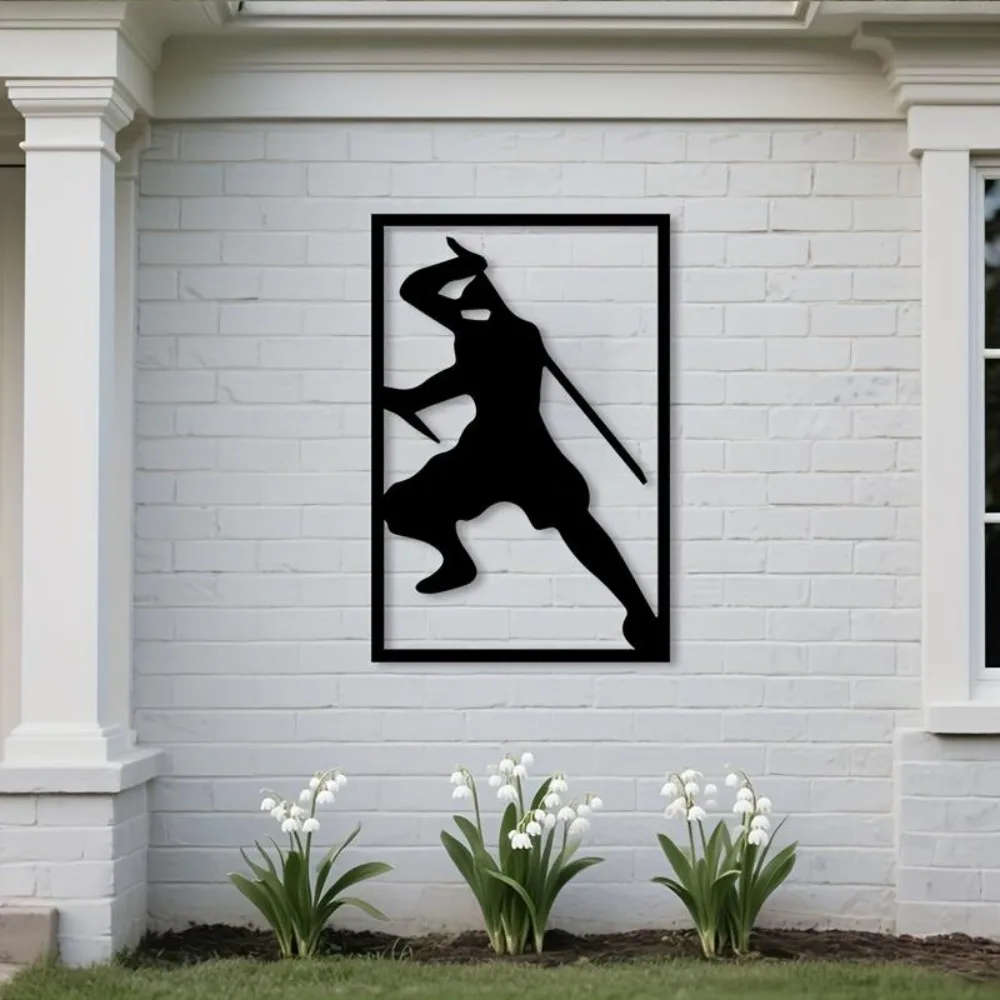 2D Flat Ninja Metal Wall Art, Rust-Proof Iron Japanese Decor with Sword & Mask, Traditional Design for Indoor Outdoor Patio Gard view 2