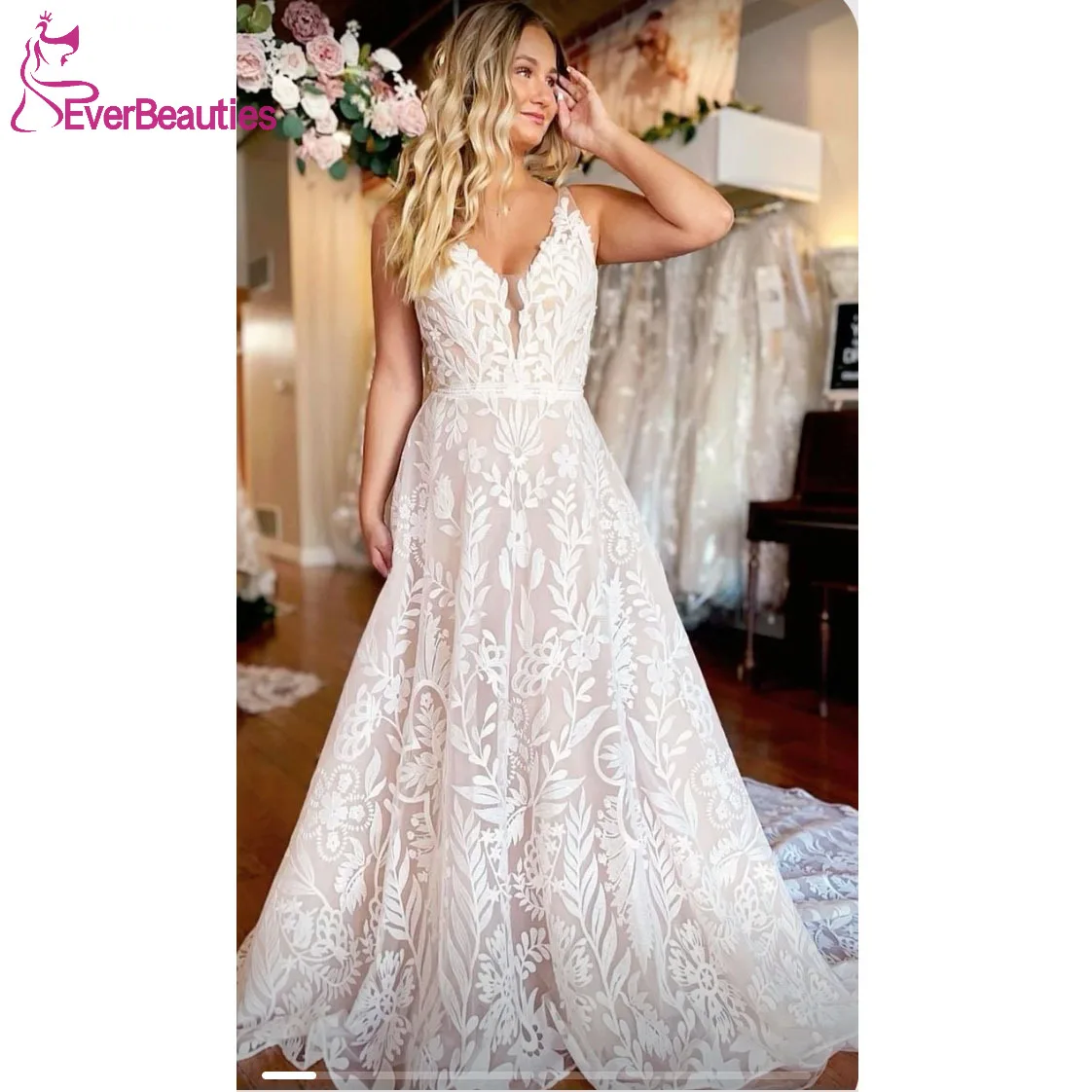 Robes de mariée Boho pour femmes, appliques en tulle, robe de mariée à col en V, bretelles spaghetti, 2023