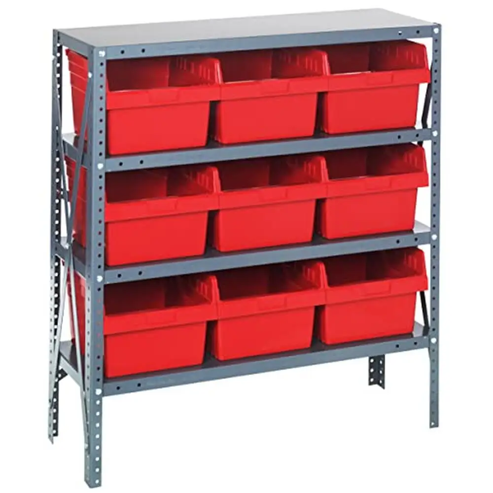 

Heavy Duty Galvanized Steel Shelving Unit with 4 Shelves and 9 Red Bins Versatile Storage Solution Garage Warehouse