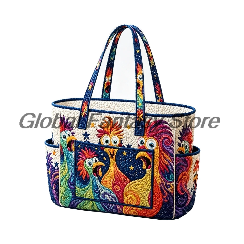 Bohemian Chicken Multiple Pockets Quilted Tote Bag Colorful Rooster Patchwork Shoulder Handbag Women Daily Shopping Bags