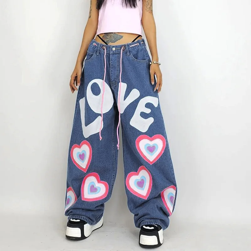 

20222 Ghost Horse Girl Contrast Color Fashion Love Graffiti Print Design Feel Loose Fit Jeans Floor Sweeping Wide Leg Pants