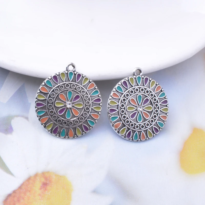 10 Stück/Set 26*24mm Antiksilberfarbene Runde Strass-Emaille-Legierungsanhänger Schmuck Ohrringe Anhänger Zubehör – Detail 5