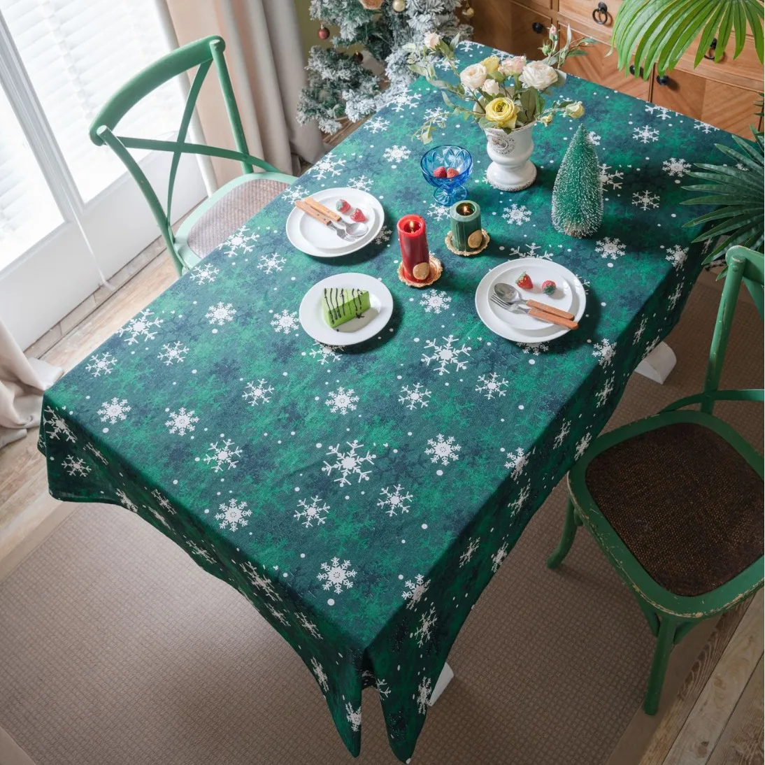 

Tablecloth Green Snowflake Print Christmas Holiday Table Cloth American Fabric Rectangular