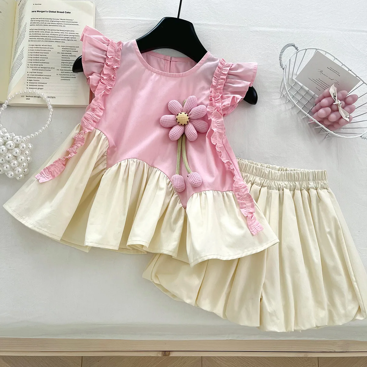 

Summer Clothing Set Flying Sleeves Tops Shirts+Shorts+Hat,fashion Kids Children Birthday Clothes 2025 Baby Girls 3D Flowers 3pcs