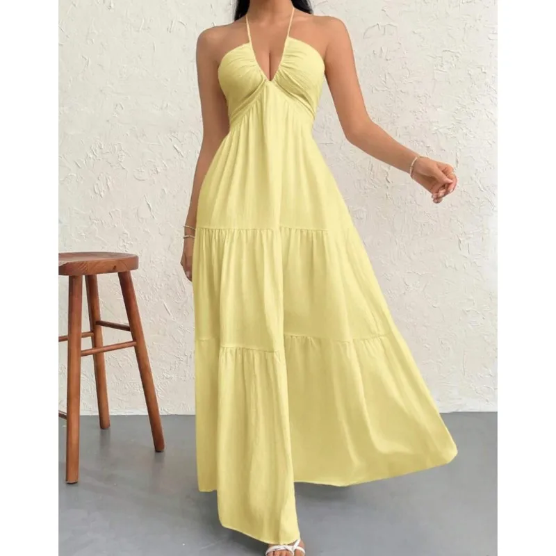 

Y2k Elegant Solid Color Dress Women's Summer Sexy Hanging Neck Backless Loose Dresses Ladies Beautiful Beach Vacation Vestidos