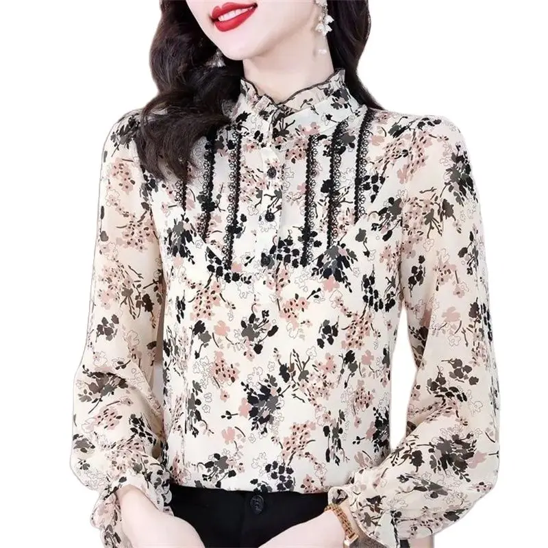 2023 New Chiffon Shirt Women's Long Sleeved Spring/Summer Lace Spliced Print Imitation Mulberry Silk Auricularia Foreigner Shirt