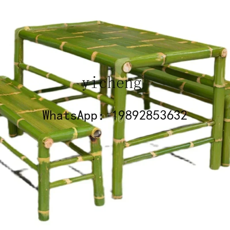 X8 bamboo rattan table and chair backrest bamboo bench handmade pastoral rectangular table bamboo chair fairy garden