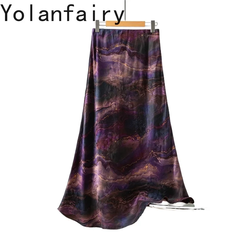 

YOLANFAIRY High-end 100% Natural Mulberry Skirts Woman Summer Elegant Ink Printed Watered Gauze Skirts Long Elastic Waist Skirt