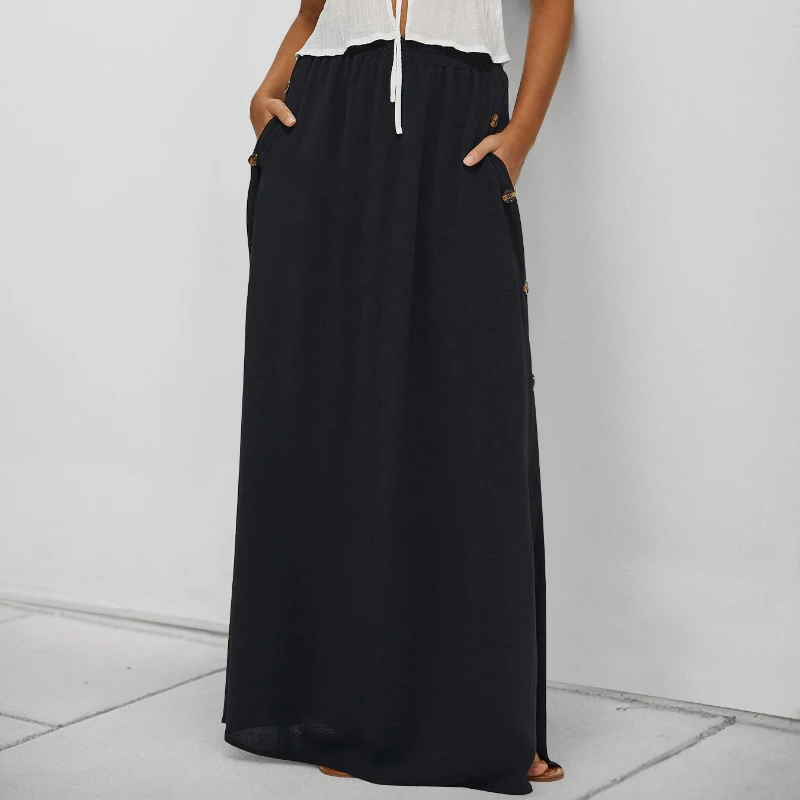 Casual Black Single Breasted Long Skirts Summer Street Style Floor-Length Skirts 2026 Office Lady Split A-Line Skirt Female
