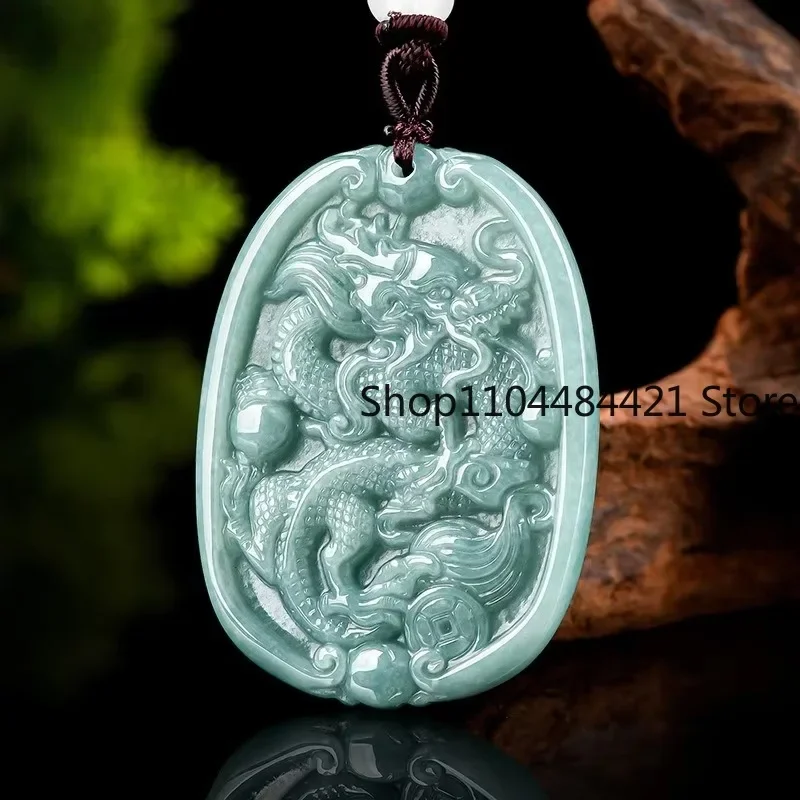 High-grade Jadeite Blue Water Overbearing Dragon King Pendant Fortune Zodiac Dragon Jade Necklace Fashion Men and Women Amulet