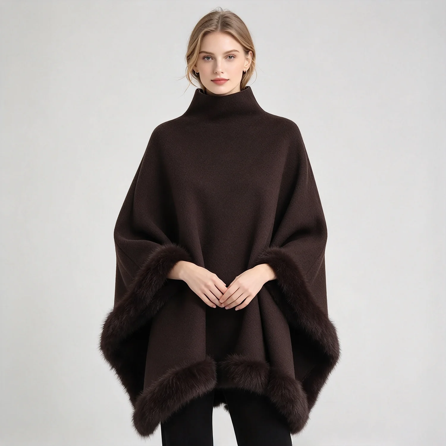 LIMO Women High Neck Cape Coat Faux Fur Trim Poncho Warm Autumn Winter Cloak Shawl Wrap