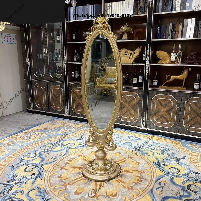 JZ French Solid Wood Full-length Mirror European Luxury Carved Bedroom Makeup Mirror With Drawer Suitable For Luxury Villas