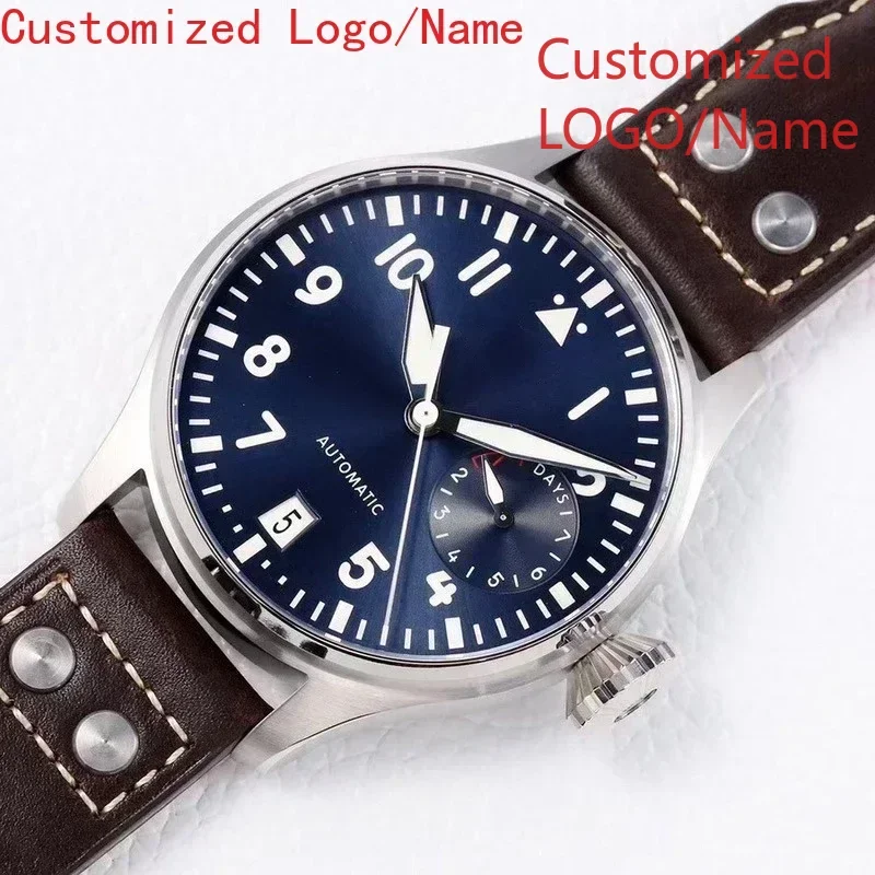 Moda sportiva nuovissimo orologio automatico per grandi piloti in acciaio inossidabile quadrante nero blu orologio meccanico in pelle marrone personalizzato