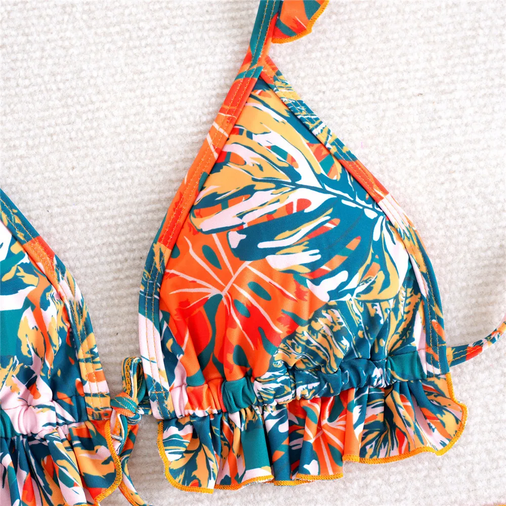 リーフプリント フリル付き ホルターネック 水着 3点セット ビキニ メッシュカバーアップ セクシー水着 レディース 2026 水着 レースアップビキニ 女性用