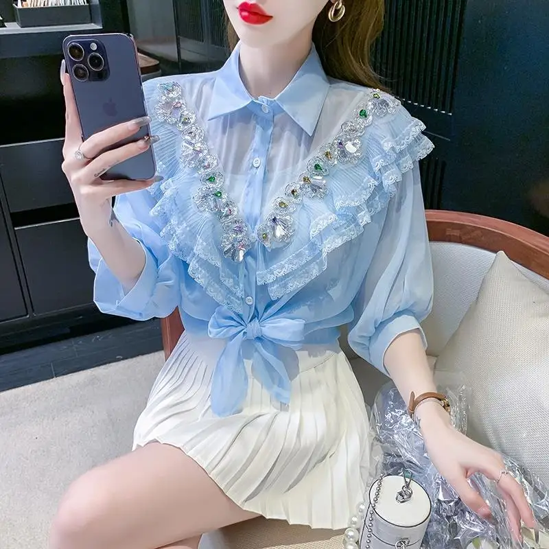 Spring Autumn New Fashion Solid Color POLO Colla Long Sleeve Women\'s Clothing Shirts Diamonds Lace Button Chiffon Sweet Blouses