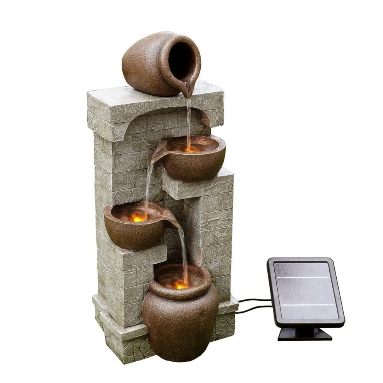 

US 28.5 in. Gray Solar Powered Stone-Look Tiered Wall Fountain with Bowls and Pots