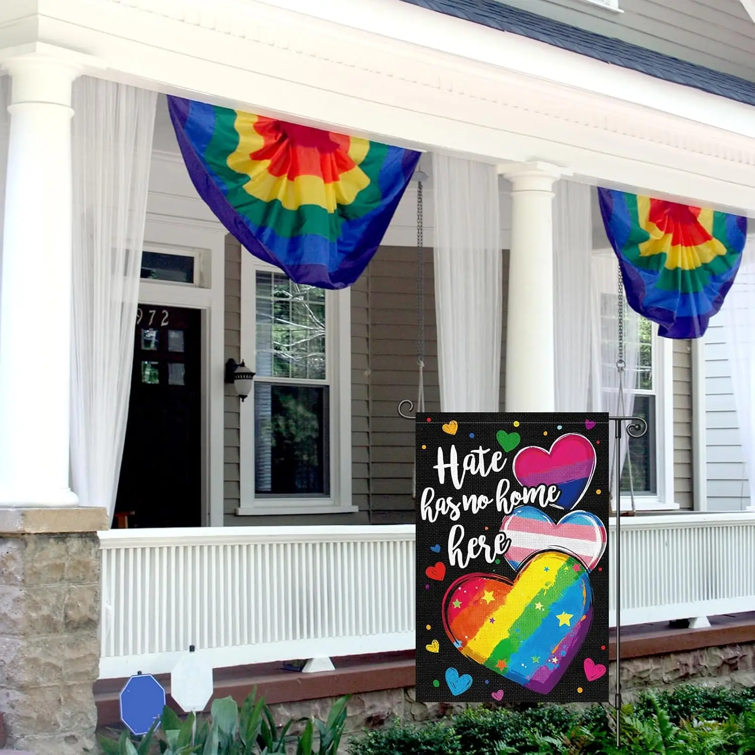 Louise Maelys Pride Garden Flag Hate Has No Home Here Rainbow Love Heart 12x18 Inch Double Sided Small Burlap Gay Lesbian LG LLE