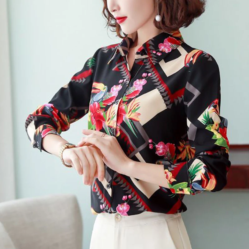 Spring Autumn Women\'s Casual Fashion Floral Printed Shirt Lady Long Sleeve All-match Buttons Top Female Polo-neck Chiffon Blouse