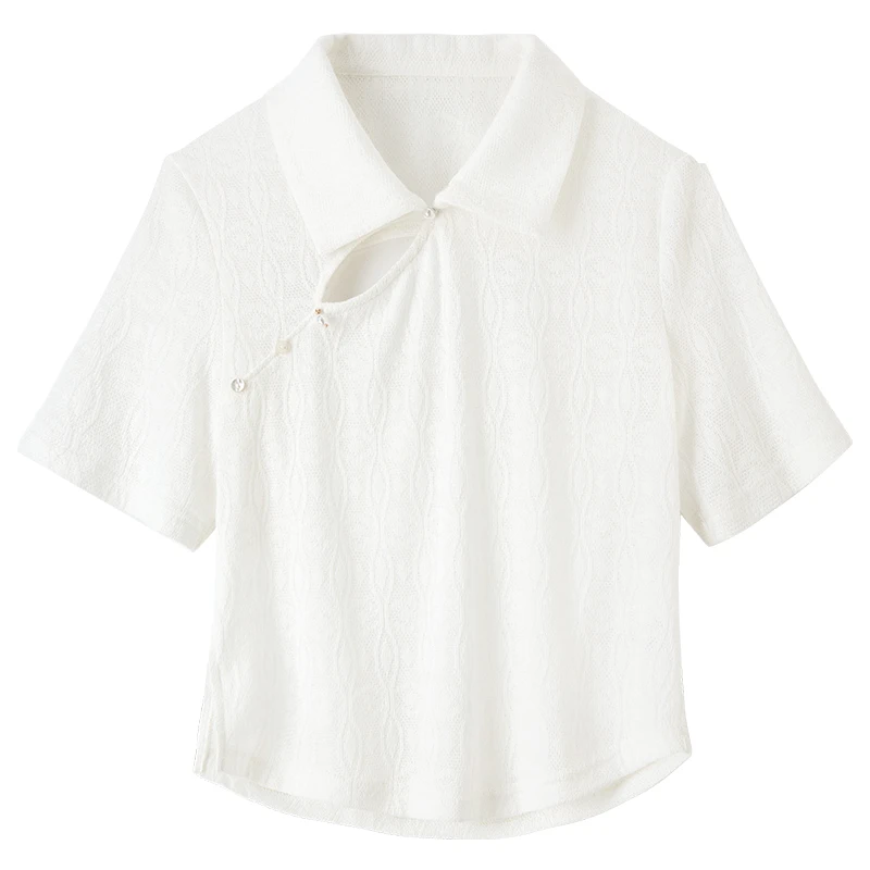 SENTUBILA White Hollow Round Neck Lace Tops For Woman 2025 Summer Chinese Style Polo Collar Split Short Sleeve Blouse 141S53964