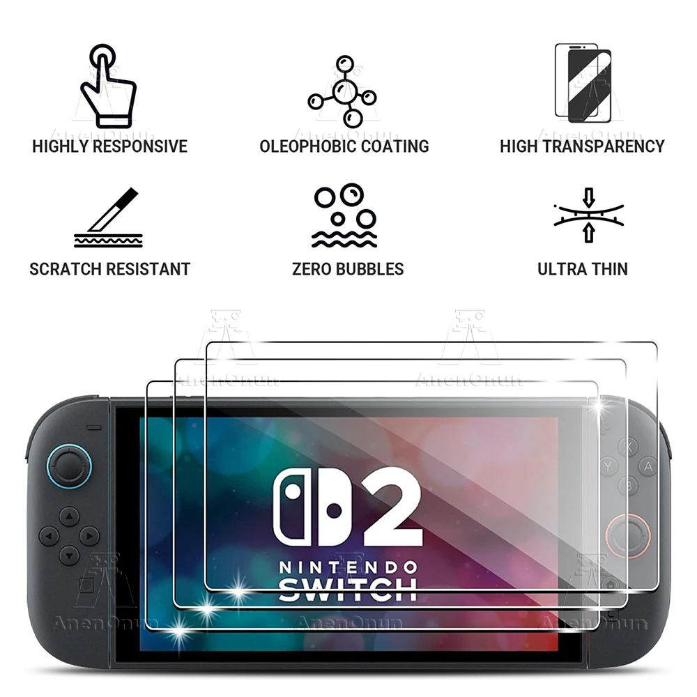 Tempered Glass Screen Protector for Switch 2 2.5D Arc Edge 9H Hardness Shatterproof Anti-Scratch Anti-Fingerprint HD Bubble-Free