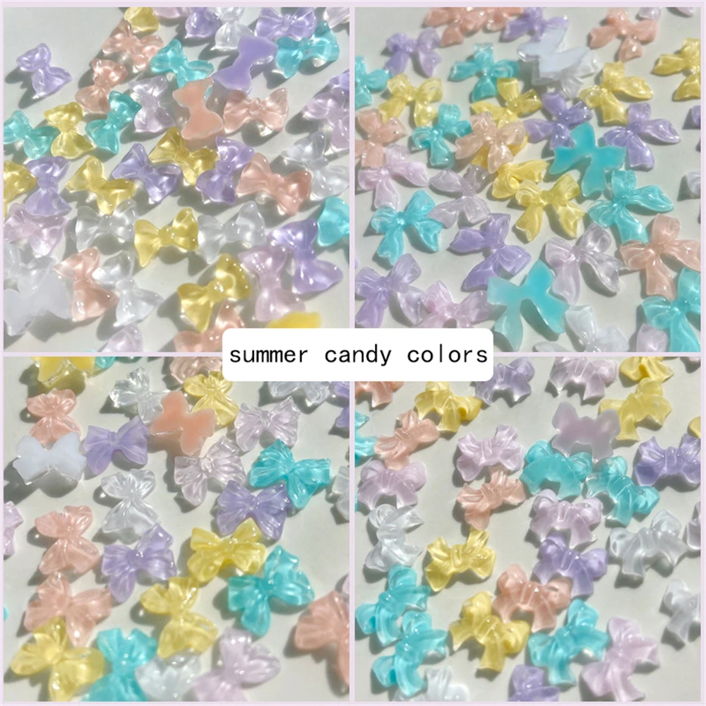 50Pcs Ice Clear Bow-Knot Nail Decorations Jelly Mocha Bear Streamer Nail Rhinestones 3D Summer Kawaii Charms Nail Parts Ribbon