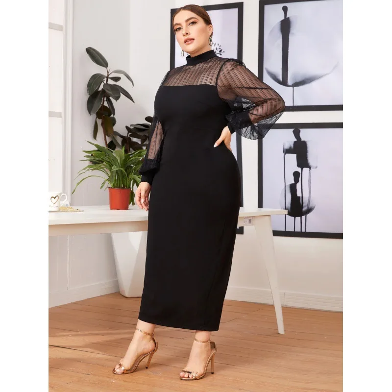 L-4XL Plus Size Dresses for Women Clothing Summer 2023 Mesh Long Sleeve Black Sexy Club Party Elegant Evening Dress Dropshipping