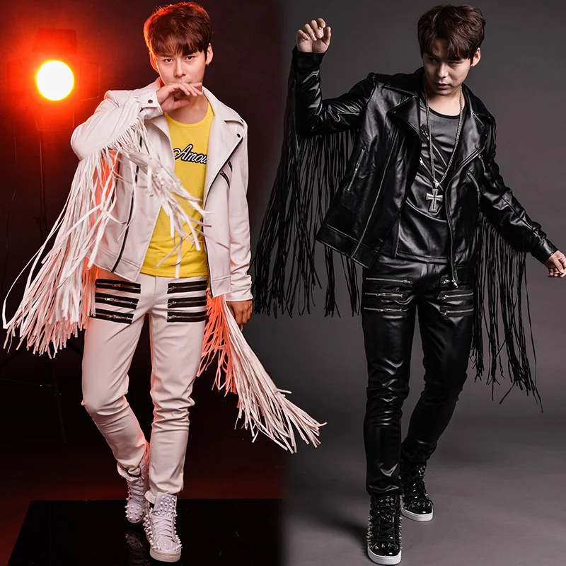 Men Jackets And Coats Singer Nightclub Bar Drum Dj Performance Clothing Tassel Leather Pants Suit Stage Costumes For Singers