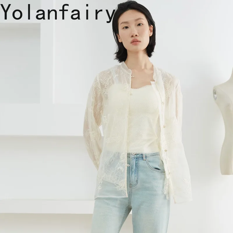 YOLANFAIRY Elegant Women Stand Collar Silk Cardigan 100% Mulberry Silk Top Coat Embroidery Lace Spliced Organza Outer Blouse