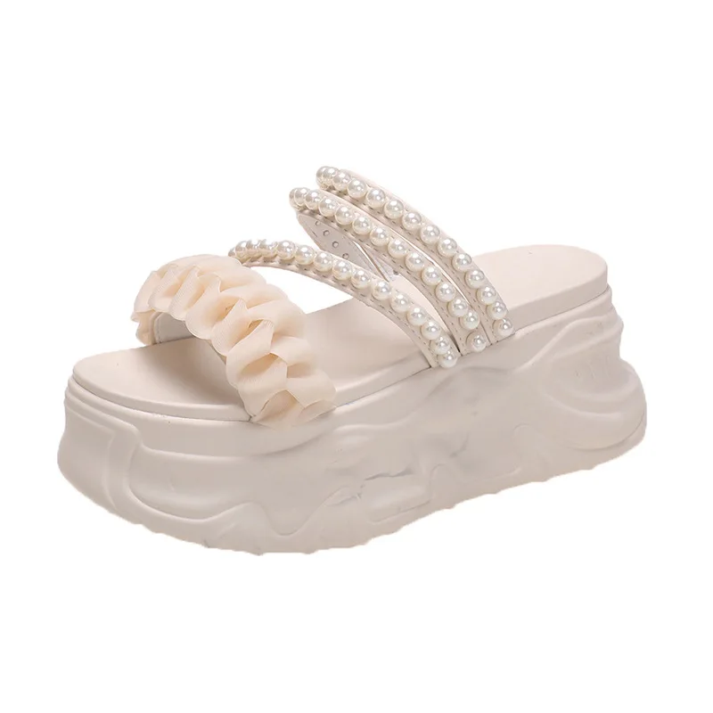 Sandalias informales de suela gruesa para mujer, zapatos de tacón con cuentas, estilo Hada clásico, suela suave, versátil, Popular, novedad de verano