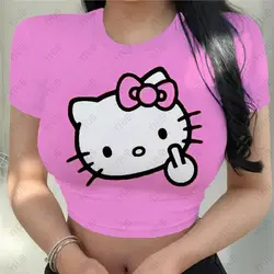 Top corto de retales estéticos para mujer, camiseta de manga corta con estampado de Hello Kitty Punk Vintage, estilo Sexy Y2k, ropa rosa