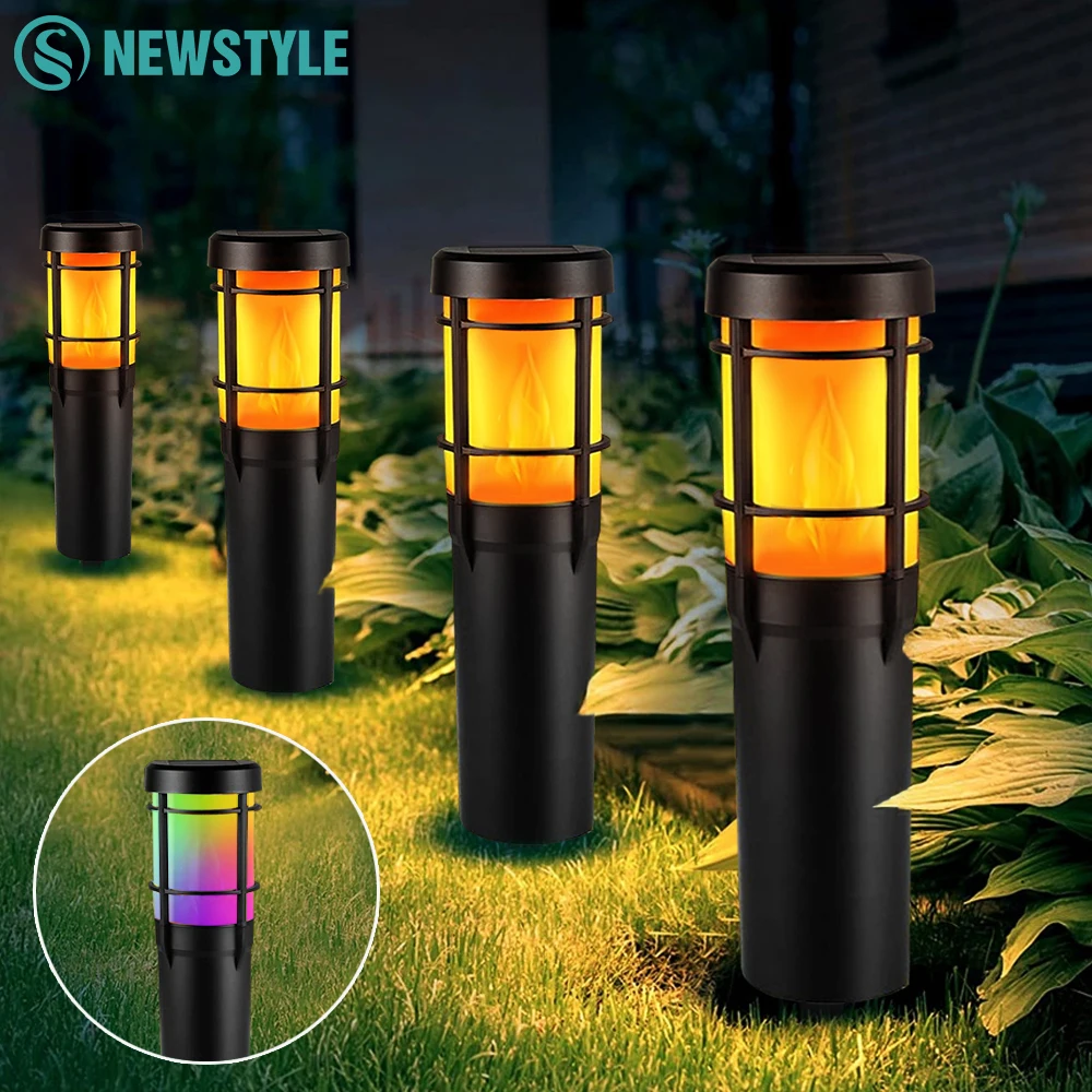 Solar Garden Pathway Lights LED Flickering Flame RGB Color Landscape Light Waterproof For Outside Lawn Patio Path Yard Decoratio