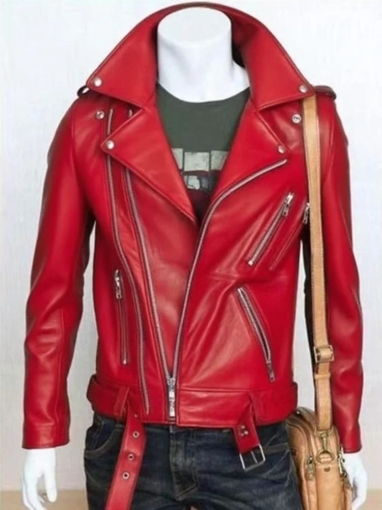 Stylish Men's Western Style PU Leather Biker Coat Zip Up Front Snap Button Details