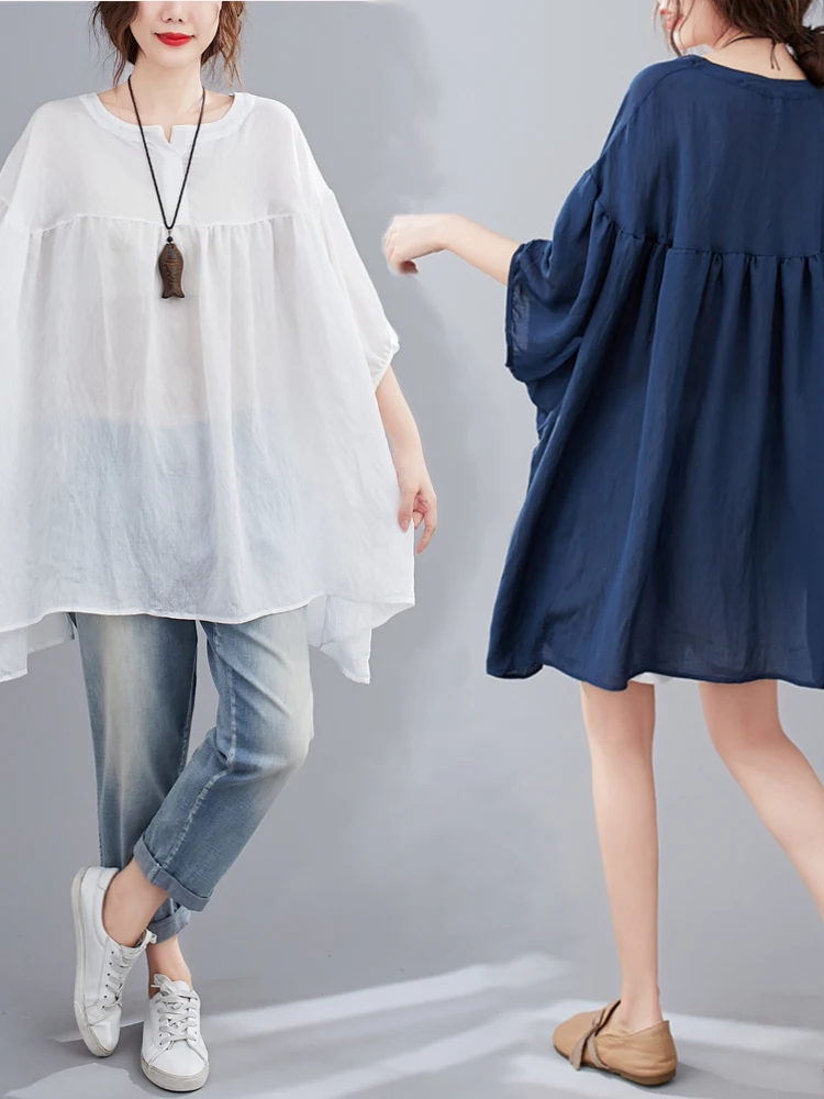 Loose Women's Batwing irt Summer round Ne Pure Color Doll Top Sun Protection Slimming Faionable Women's Premium irt