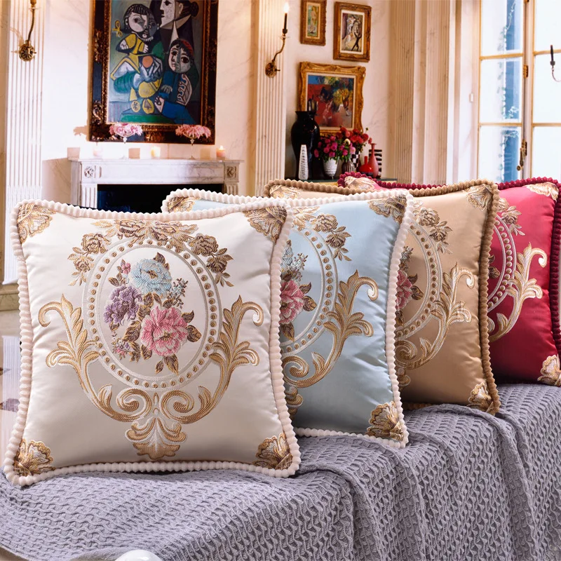 European Vintage Jacquard Floral Luxury Pillowcase Flowers Embroidery Pompoms Edges Thick Cushions Cover Office Home Sofa Decor