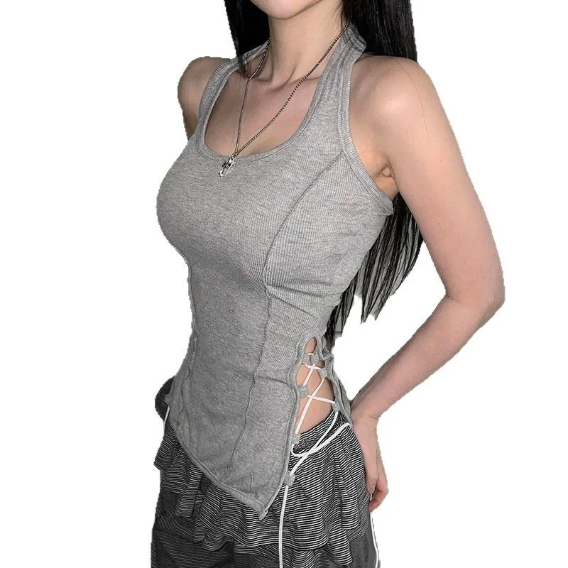 Solid Color U Neck Hanging Tank Top Women's Design Sense Side Straps Hollow Bottom Slim Fit Top