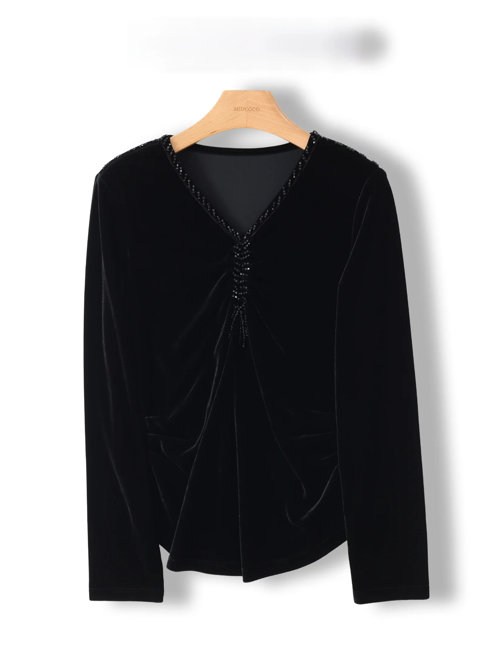 

Elegant Velvet Long Sleeve T-Shirt Women's Base Shirt V-Neck Diamond Embellished Straight Cut Fashionable Commute Top