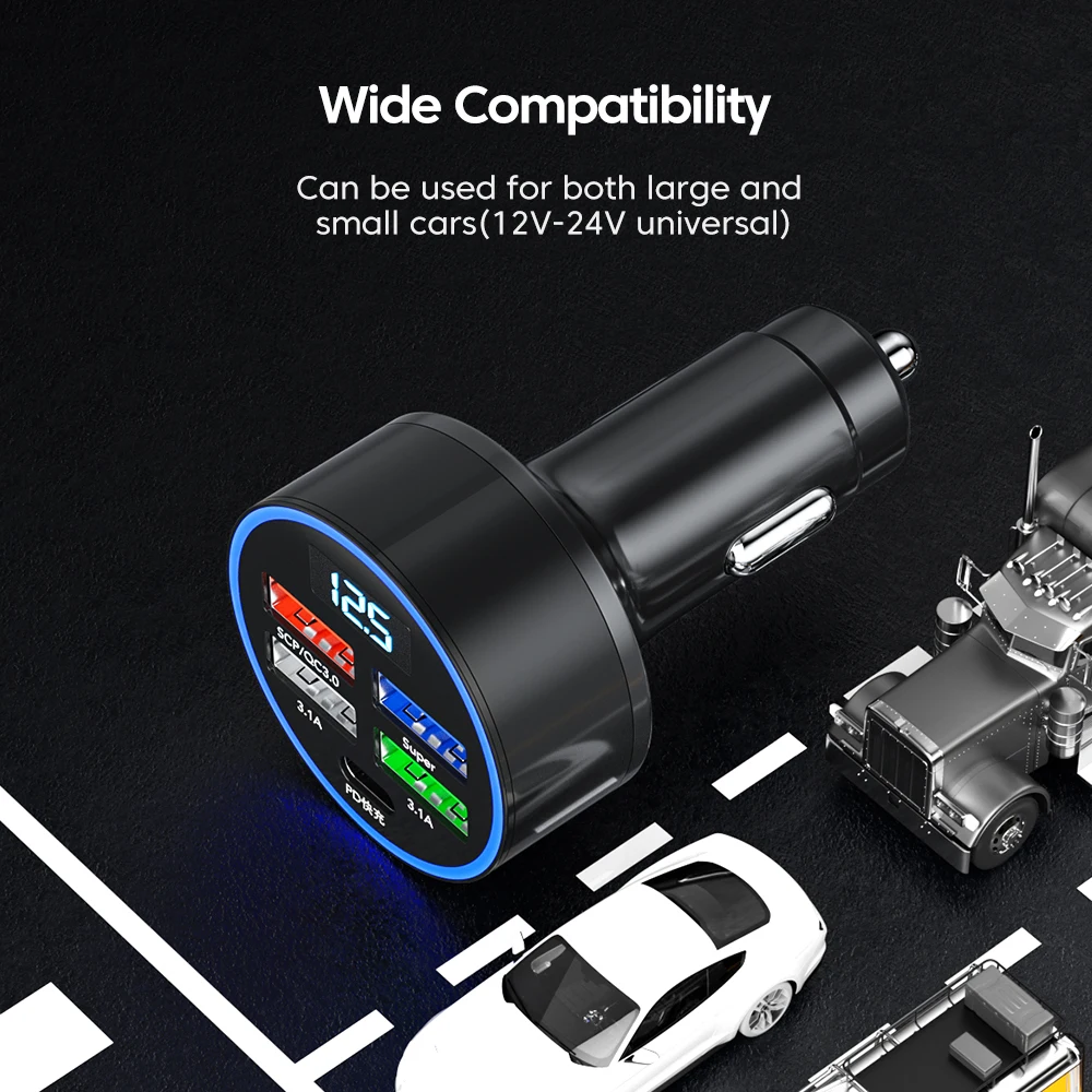 5 Ports 150W USB C Car Charger QC3.0 PD Fast Charging Car Phone Charger Type C Adapter in Car For iphone Samsung Huawei Xiaomi