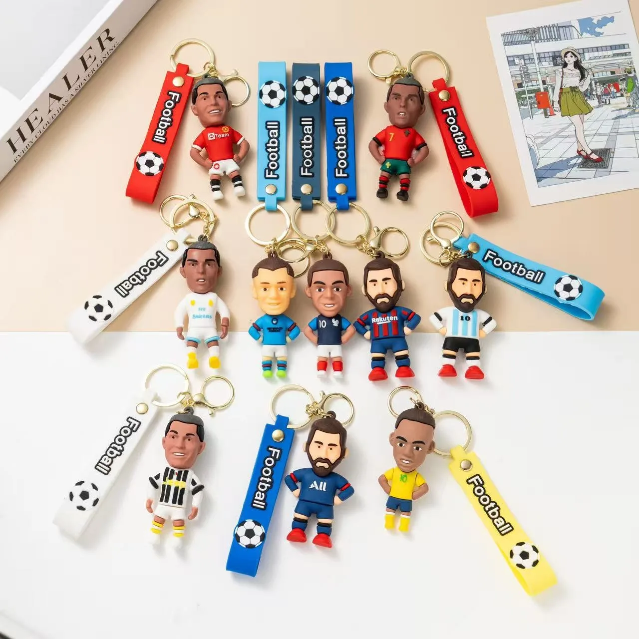 6pack pcv Football Figure Keychain Jewelry Bag Pendent Keyri