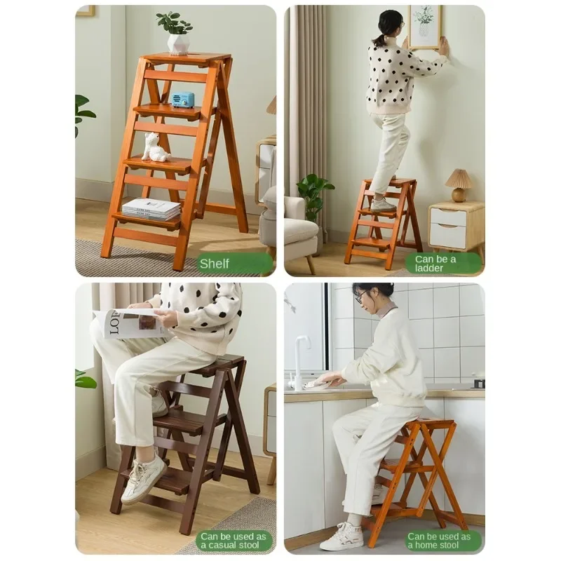 Home Use Solid Wood Folding Ladder Chair, Dual Use Stool and Ladder, Indoor Multi-Functional Staircase for Climbing and Pedaling