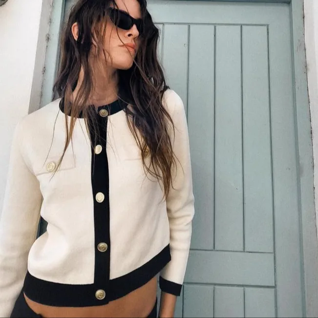 Primavera nova chegada feminina de malha longa sve redonda ne outerwear botão ouro design fibra poliéster casual doce sle