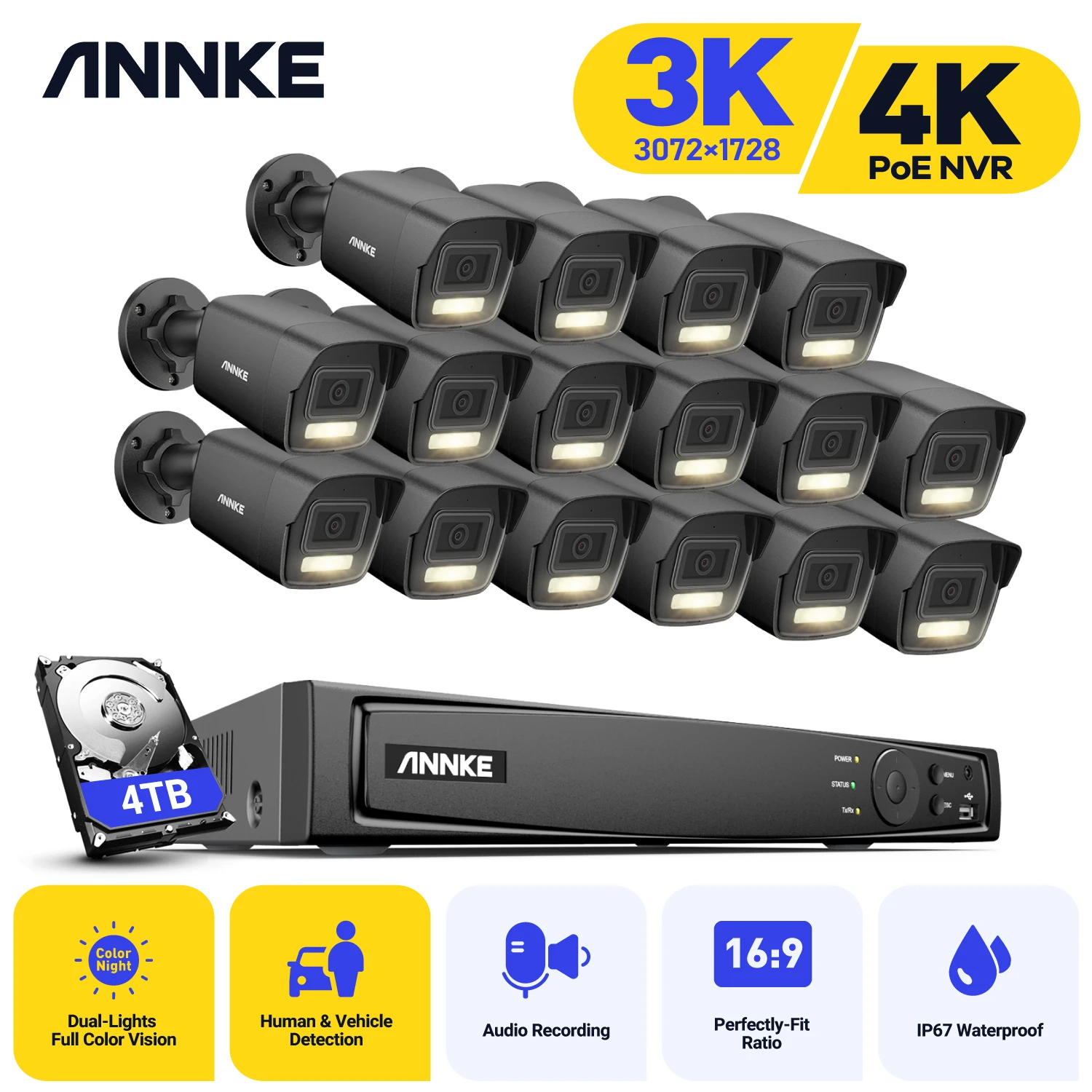 Annke H.265+ 3K Smart Dual Light POE Camera System 2.8MM Len Human Vehicle Detection IP67 Security Protection Video Surveillance