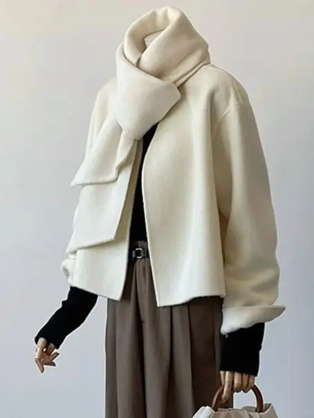 2024 Women Autumn Coats One Button Design Woolen Coat With Scarf Elegant Beige Gray Woolen Coat Veste Femme Tops