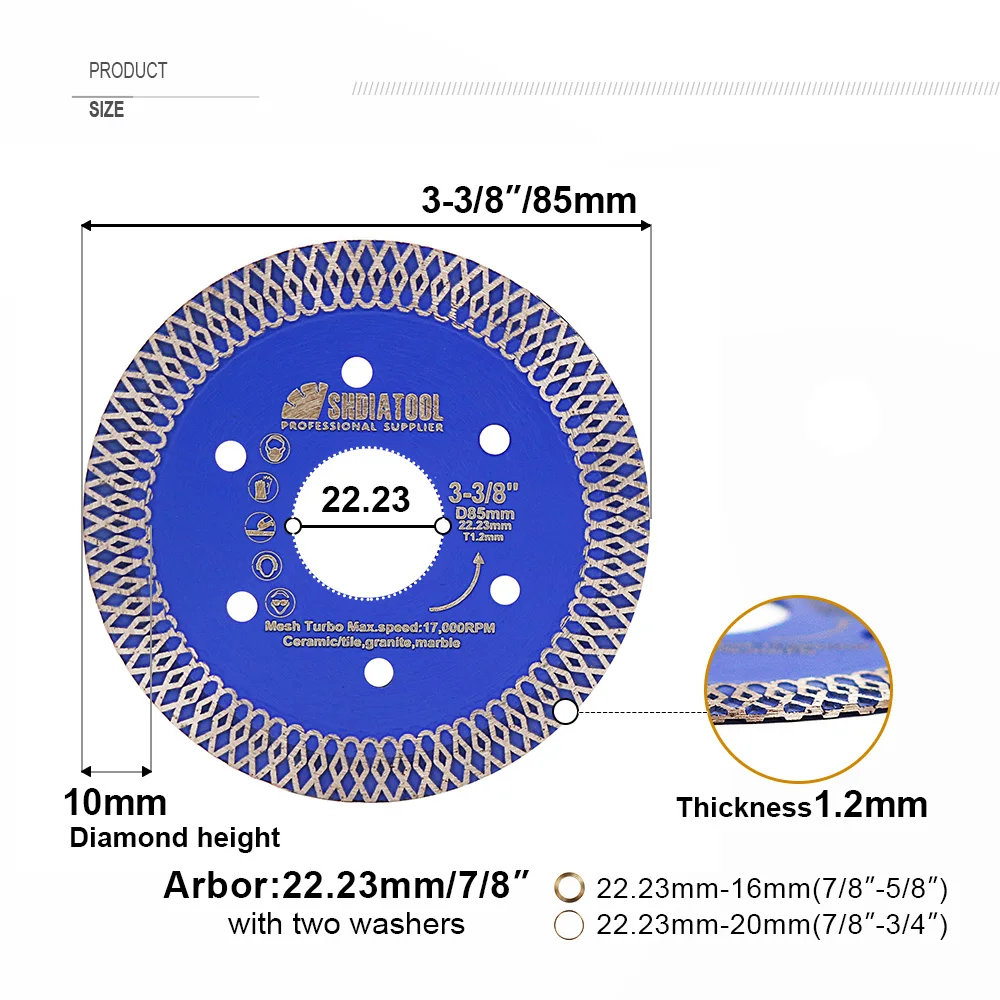 SHDIATOOL Dia85mm disco da taglio diamantato X Mesh Turbo lama per sega tagliapiastrelle marmo ceramico porcellana lama per sega alesaggio 22.23mm