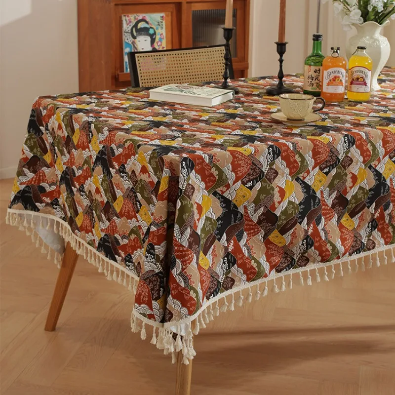 Cross Border Bohemian Style Light Luxury High-end All Cotton Tassel Printed Tablecloth Japanese Retro Dining Table Tablecloth
