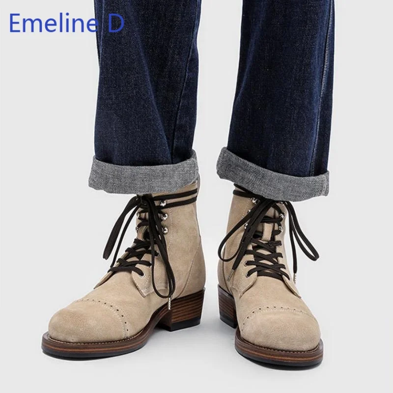 Men Cap Toe Ankle Boots Suede Upper Lace Up Stacked Block Heel Brogue Punching Vintage Retro Outdoor Daily Fashion Footwear